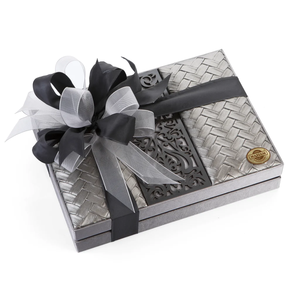 Wood-Patterned Velvet and Leather Box of Chocolates (Rectangular-Silver)